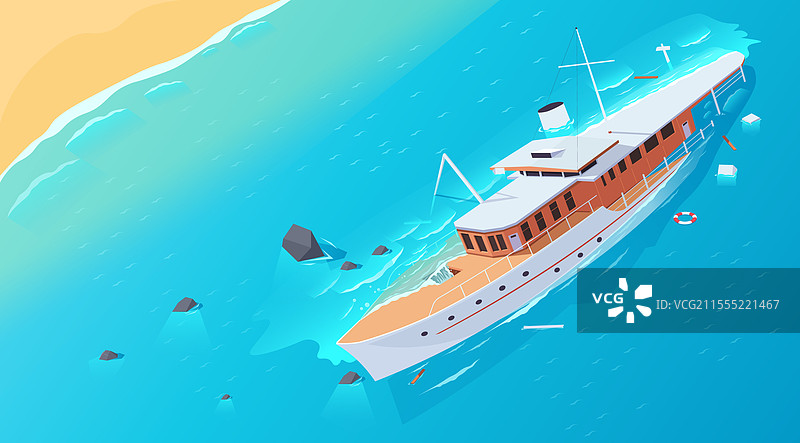 受损的船只在碧绿色的海岸附近沉没图片素材