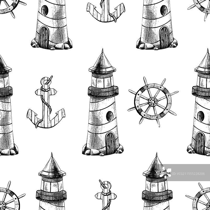海洋主题的条纹灯塔和船舵图片素材