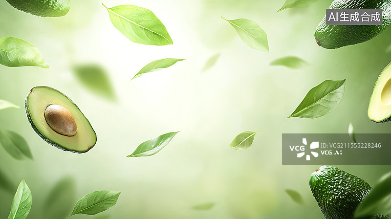 【AI数字艺术】夏日清新风牛油果健康饮食绿色背景插画图片素材