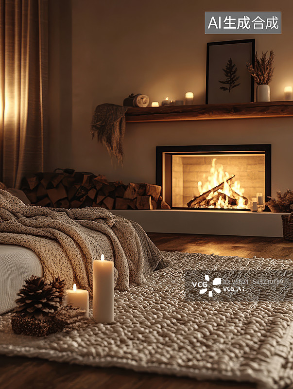 【AI数字艺术】壁炉旁的冬日暖阳图片素材