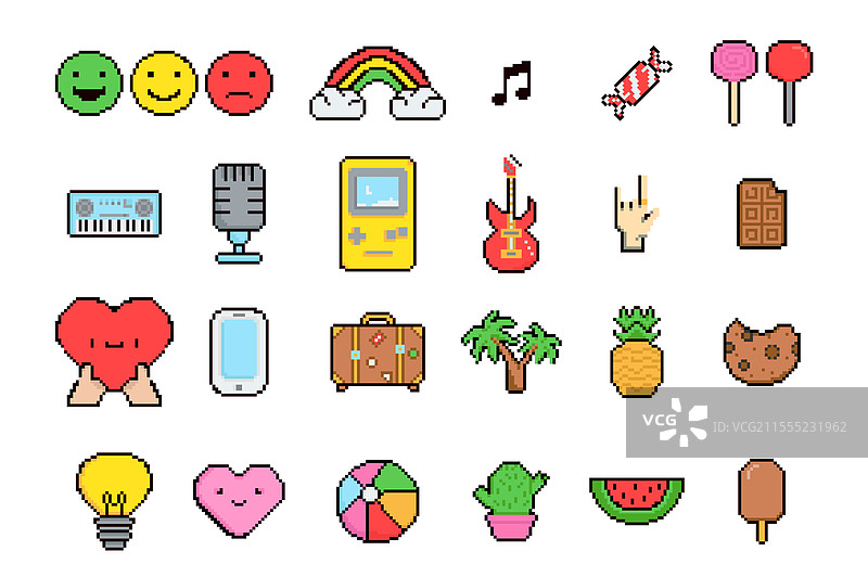 可爱的像素艺术风格表情符号和表情图案图片素材