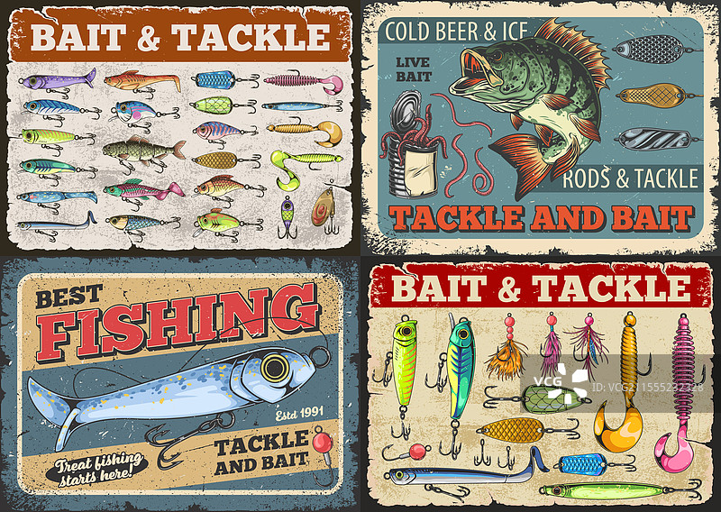 复古钓鱼用具和饵料标志收藏图片素材