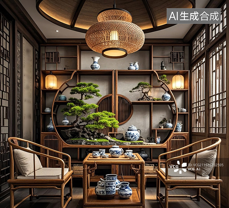 【AI数字艺术】新中式禅意客厅图片素材
