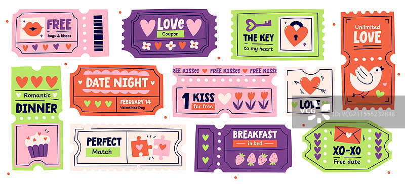 浪漫爱情优惠券和撕下式票据时尚图片素材