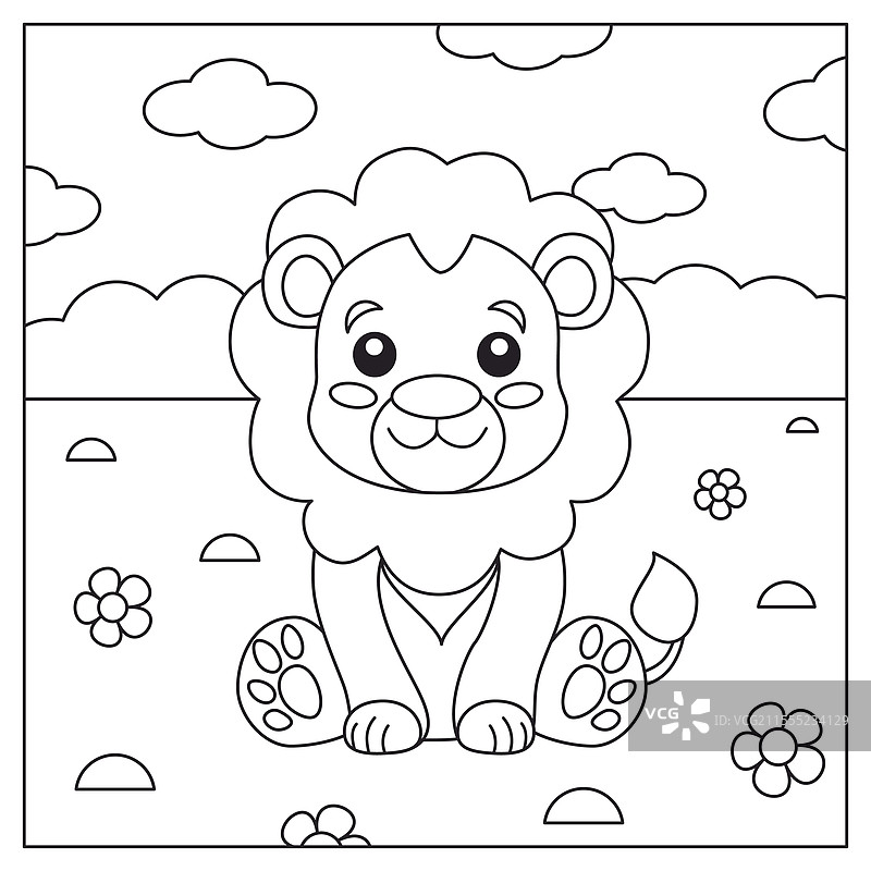 一幅黑白画的幼狮在广阔的背景中图片素材
