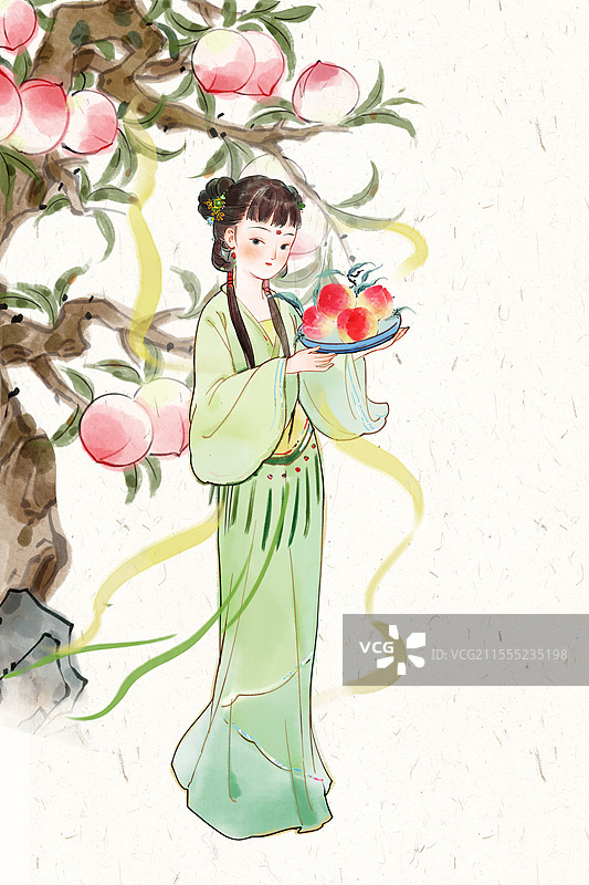 古代传说麻姑献寿国风水墨插画图片素材