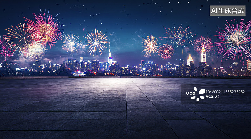 【AI数字艺术】新年烟花照亮城市CBD——繁华都市天际线上的庆典与繁荣，适合作为汽车广告背景。图片素材