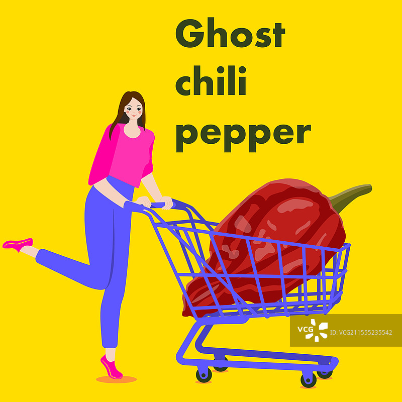 一位女性手持装有鬼椒的购物车图片素材