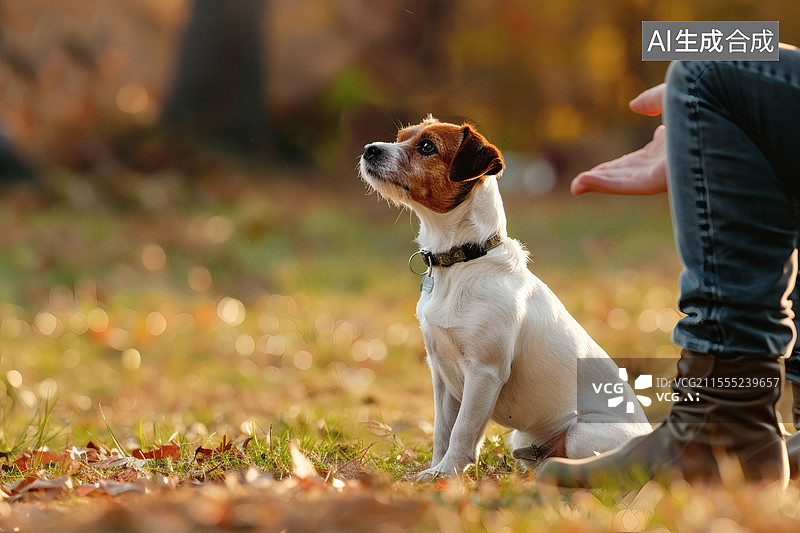 【AI数字艺术】秋日草地小狗与主人温馨相伴图片素材