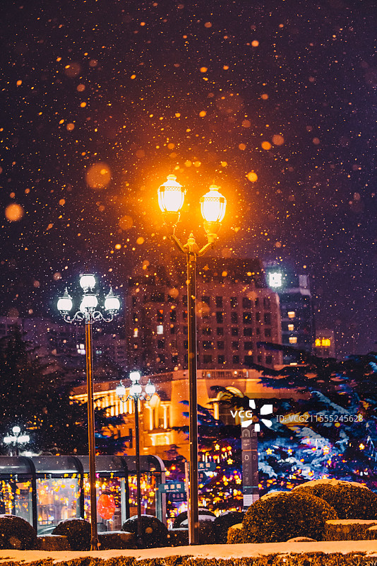 夜晚的大连中山广场飘起了雪花图片素材