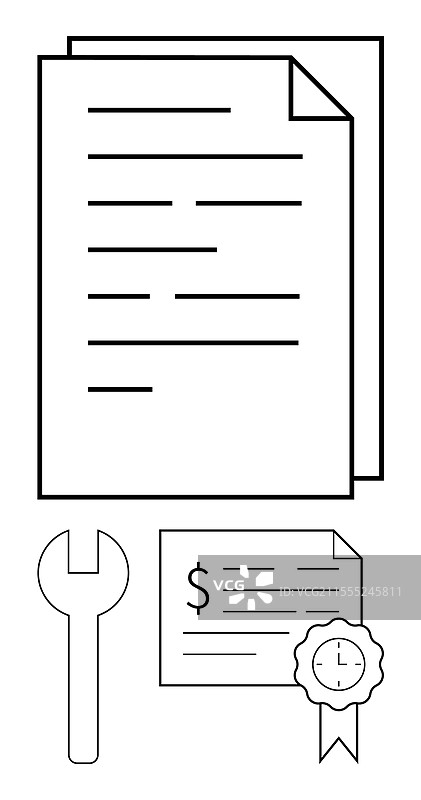 文件、扳手和认证财务图片素材