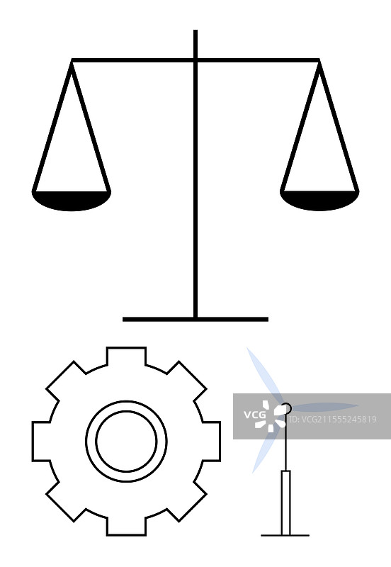 正义天平与齿轮和风力涡轮机图片素材