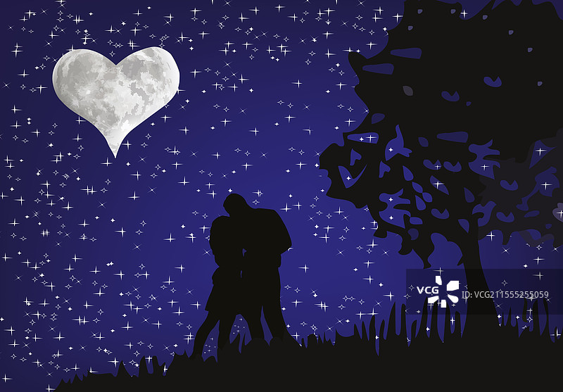 浪漫情侣在心形月光下相拥图片素材