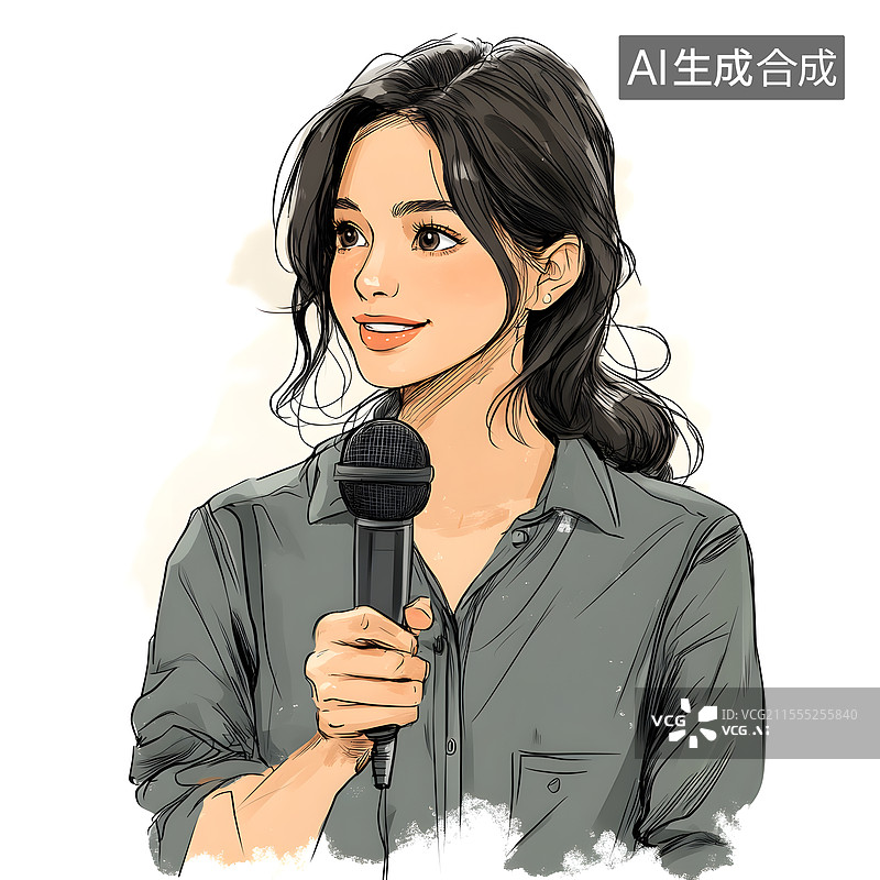 【AI数字艺术】一个拿着麦克风的年轻女子图片素材