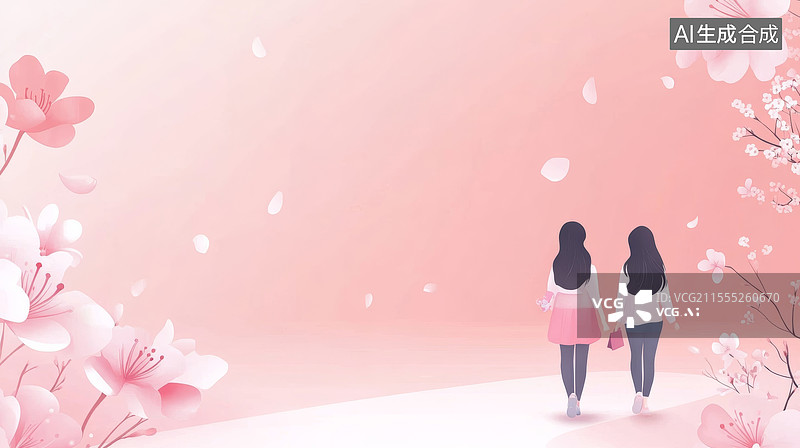 【AI数字艺术】两个女生好友站在粉红色的背景下的后视图图片素材