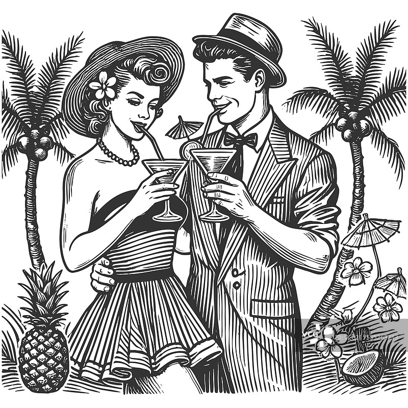 享受热带鸡尾酒的情侣雕刻画图片素材