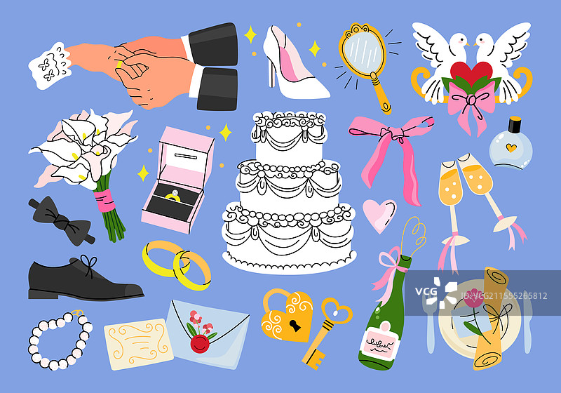 婚礼卡通贴纸和配件套装图片素材