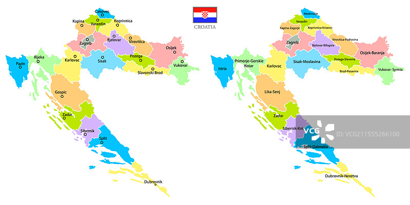 详细的克罗地亚地图，包括地区和城市图片素材