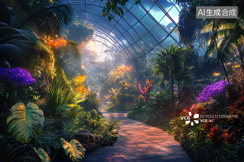 【AI数字艺术】热带雨林温室花园图片素材