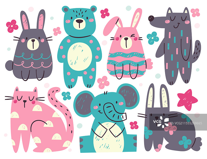 可爱迷人的彩色动物角色铅笔画图片素材