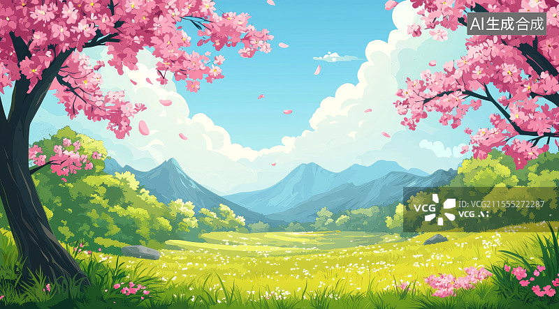 【AI数字艺术】春天花草树木自然风光插画图片素材