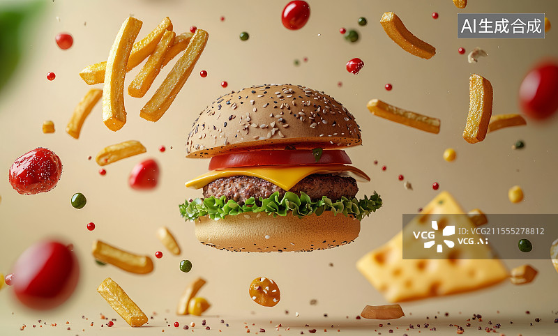 【AI数字艺术】悬浮的汉堡与飞散的薯条图片素材