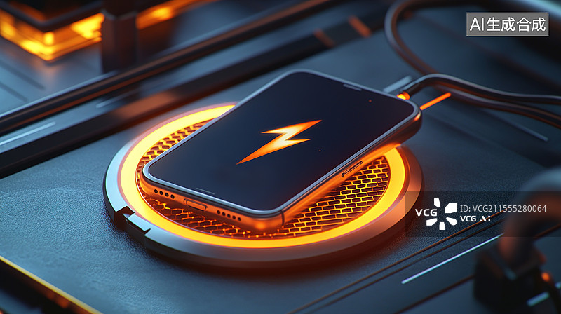 【AI数字艺术】高科技便携充电器圆形设备特写橙色霓虹光效创新物联网充电方案现代电子产品未来主义设计科技元素图片素材