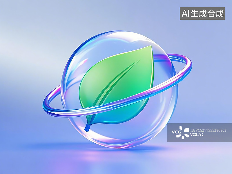 【AI数字艺术】超写实玻璃材质绿色叶子与透明保护球图标图片素材