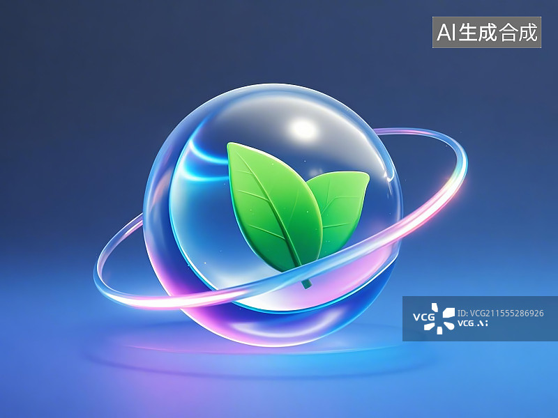 【AI数字艺术】超写实玻璃材质绿色叶子与透明保护球图标图片素材