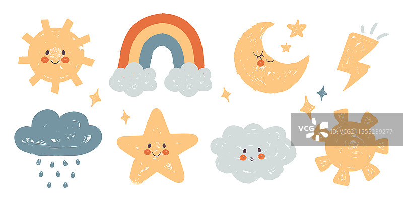 可爱的彩色太阳、云朵、彩虹、月亮和闪电图片素材