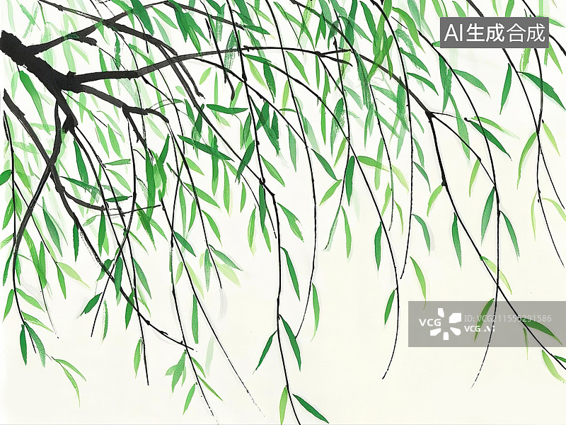 【AI数字艺术】空灵春柳抽象水墨笔触捕捉嫩绿新芽和摇曳枝条传统中国艺术启发的海报图片素材