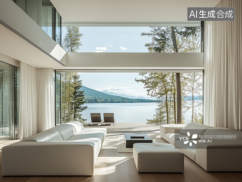 【AI数字艺术】现代湖景豪华别墅内部客厅景观图片素材