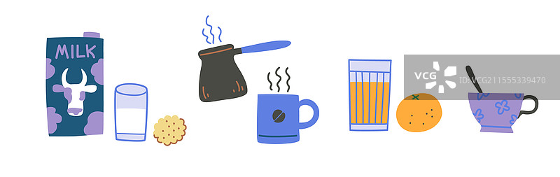 早餐饮品：咖啡、橙汁、牛奶和图片素材