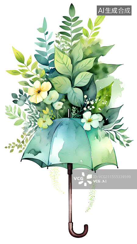 【AI数字艺术】创意插画 一把伞和开花植物图片素材