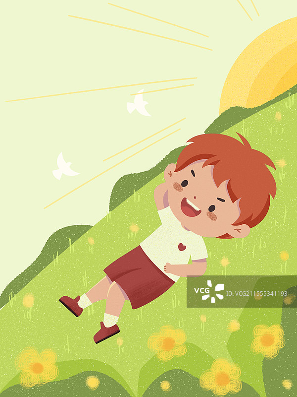 扁平风躺在公园草地上的快乐男孩插画图片素材
