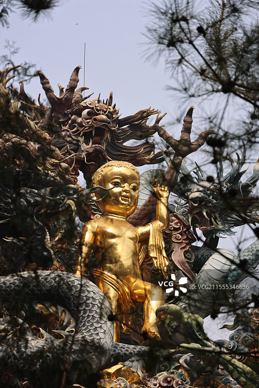 金色孩童佛像，周围环绕造型威严的龙雕，被松树掩映，充满神秘庄重的宗教氛围图片素材