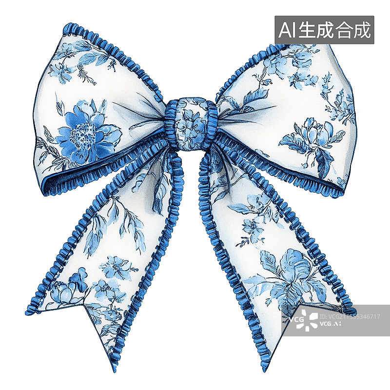 【AI数字艺术】蓝白色青花图案蝴蝶结图片素材