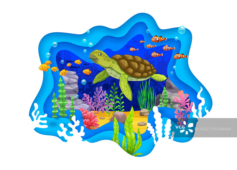 纸雕水下景观，海龟与鱼群图片素材