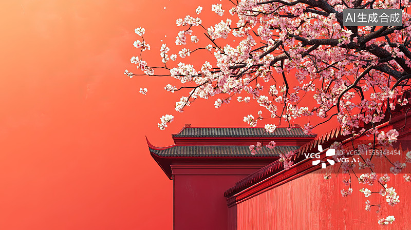 【AI数字艺术】新中式极简主义夕阳下的红色宫墙梅花插画图片素材