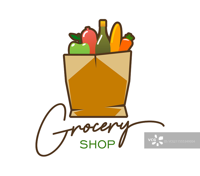 杂货店图标，展示装有农产品的纸袋图片素材