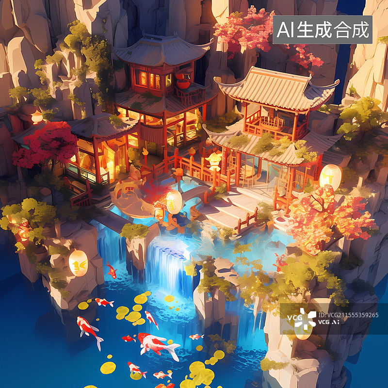 【AI数字艺术】箱庭中式传统园林建筑图片素材