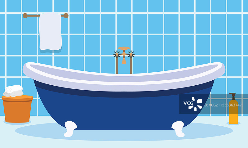 舒适干净浴室中的平面设计浴缸图片素材