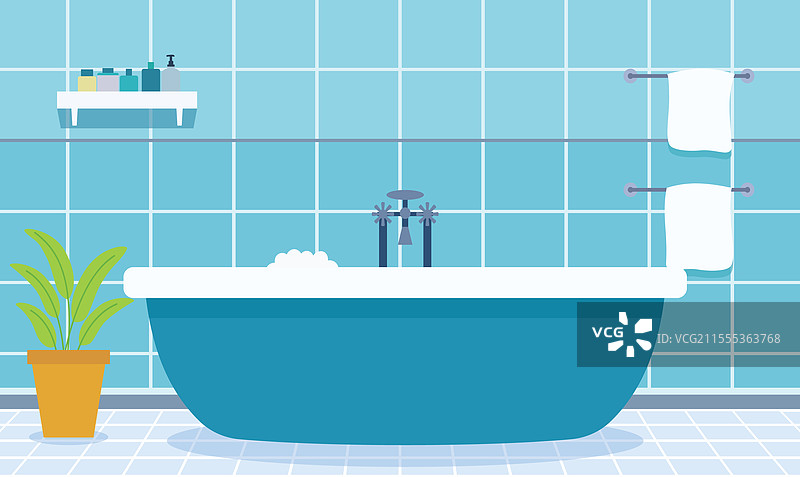 舒适干净浴室中的平面设计浴缸图片素材