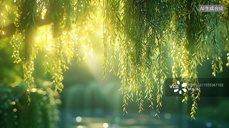 【AI数字艺术】阳光下的柳枝轻舞  绿意盎然的光影世界图片素材