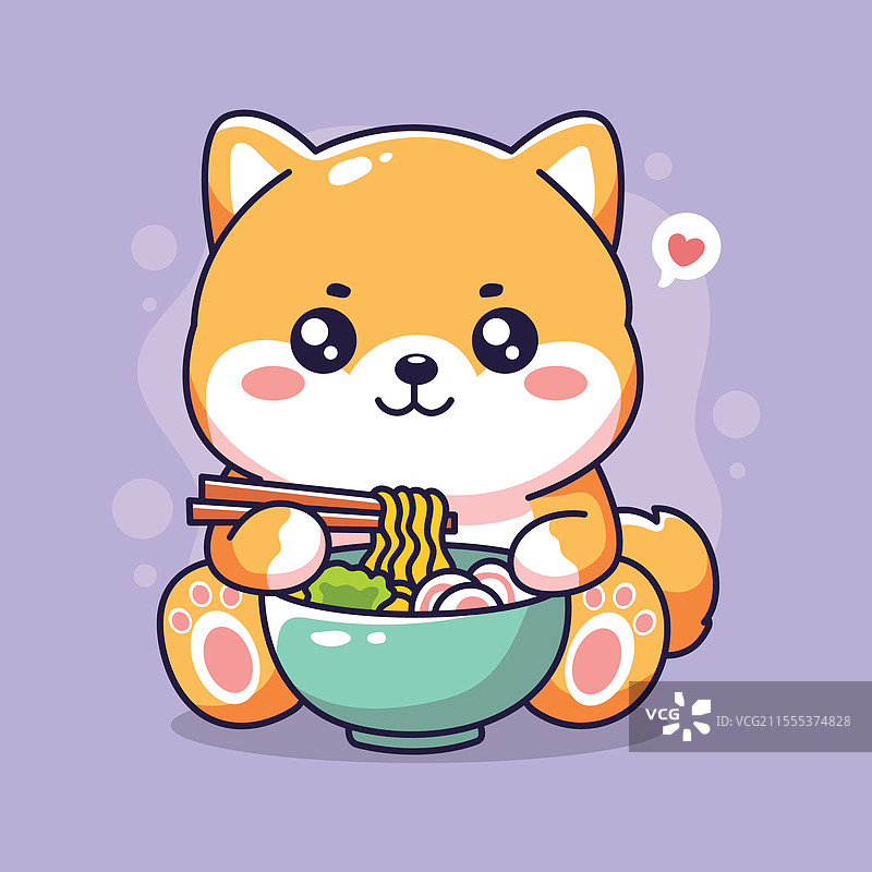可爱的卡哇伊狗狗在吃拉面图片素材
