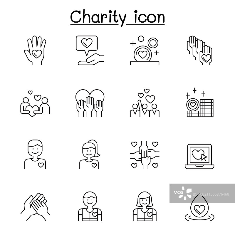 慈善捐赠和志愿者图标集（细线风格）图片素材