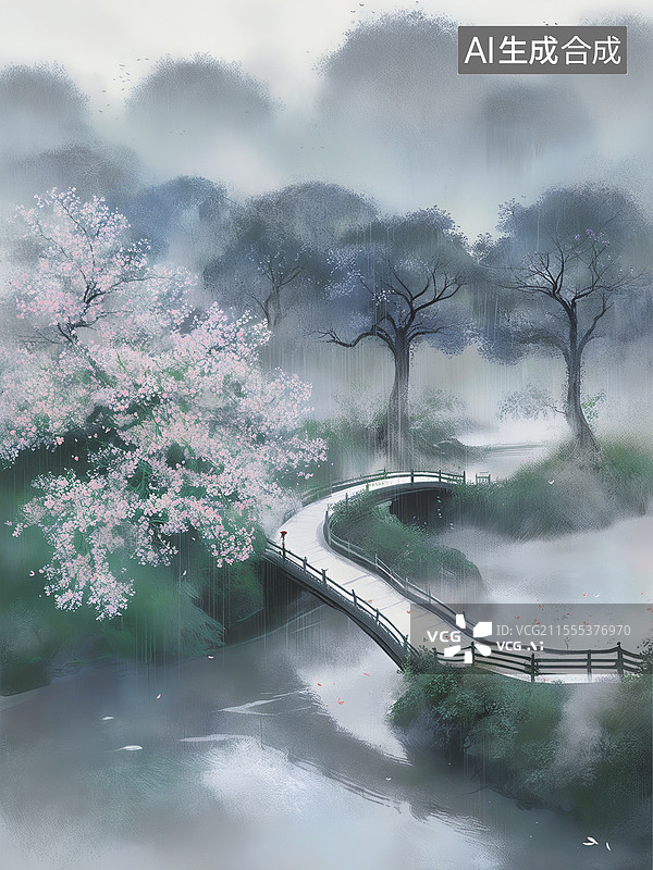 【AI数字艺术】清明节二十四节气背景图，烟雨江南 水墨古风山水画，晨雾中的中国古典山水凉亭拱桥风景 竖版图片素材