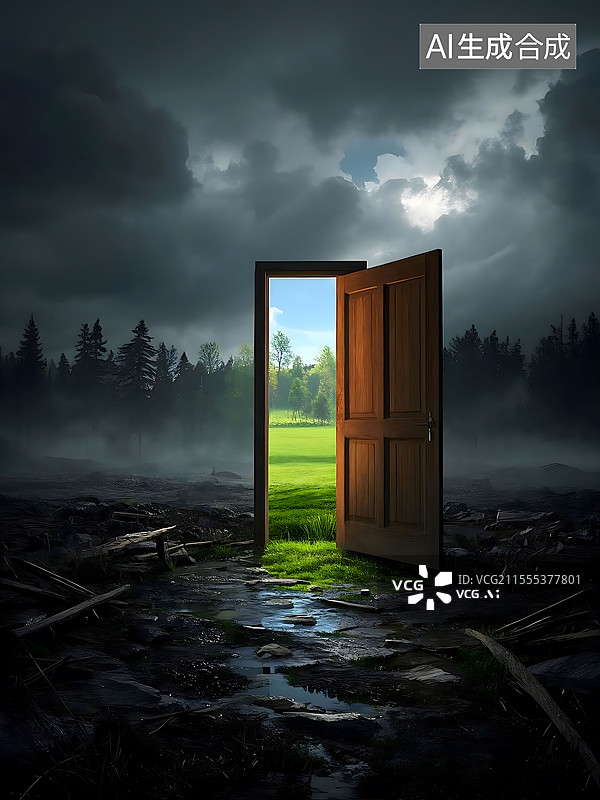 【AI数字艺术】黑暗中打开的希望之门图片素材