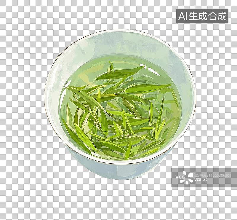 【AI数字艺术】治愈系手绘插画，一杯茶，绿茶，春茶，茶叶，茶道，茶文化，免抠元素图片素材