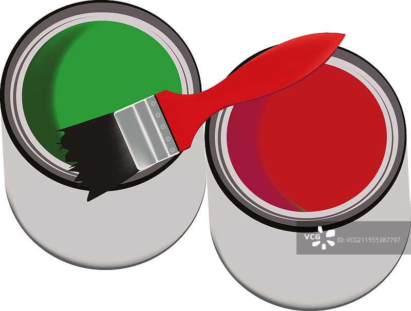 画笔浸入绿色和红色的油漆桶中图片素材